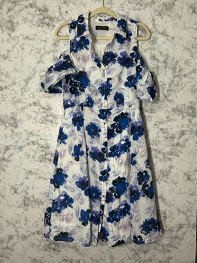Ivanka Trump White Midi Dress with Blue Floral Print